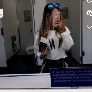 PINK cropped white crewneck w black letters